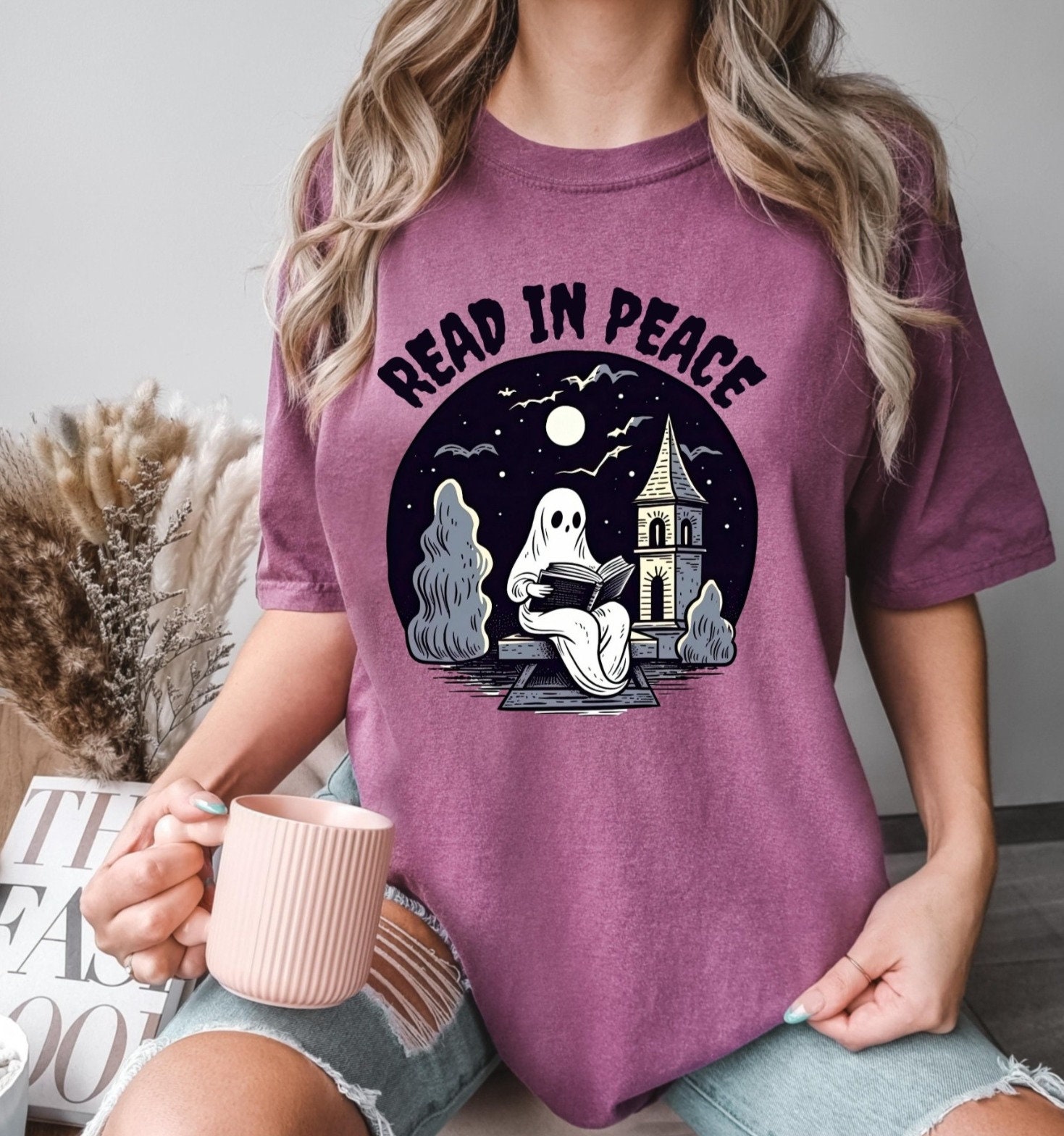 Retro Halloween Ghost Reading Book Teacher Librarian Spooky Season Trendy Lover Shirt image 5