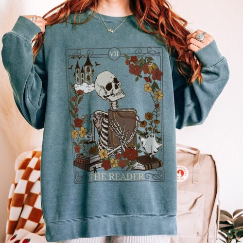 The Reader Tarot Card Bookish Witchy Skeleton Librarian Mystical Literature Sweatshirt image 0