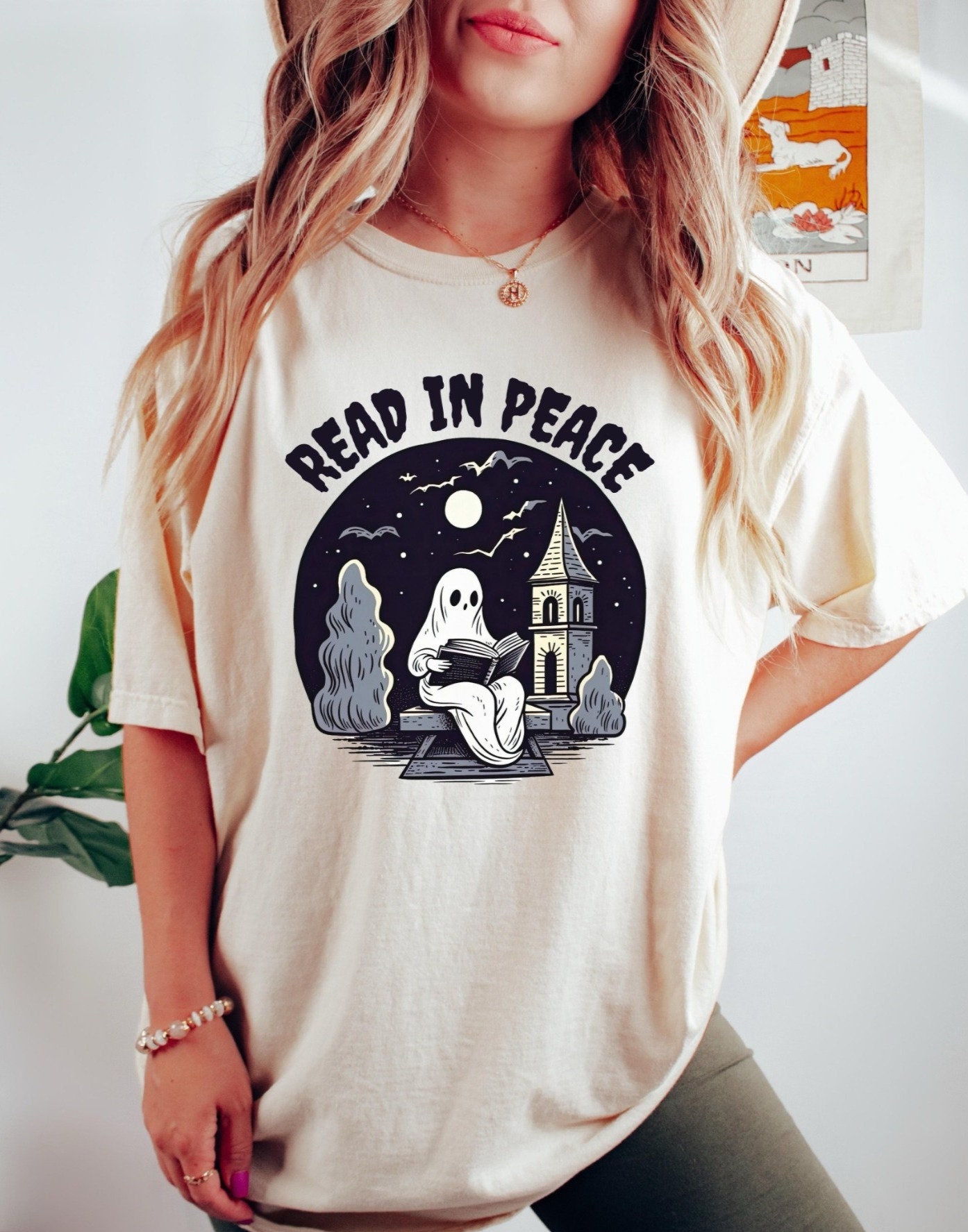 Retro Halloween Ghost Reading Book Teacher Librarian Spooky Season Trendy Lover Shirt image 2