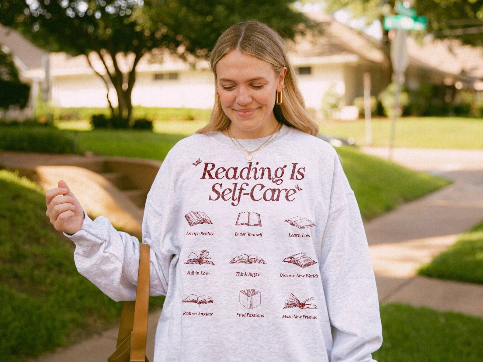 Retro Reading Is Self-Care Bookish Mental Health Lover Romance Addict Sweatshirt image 7