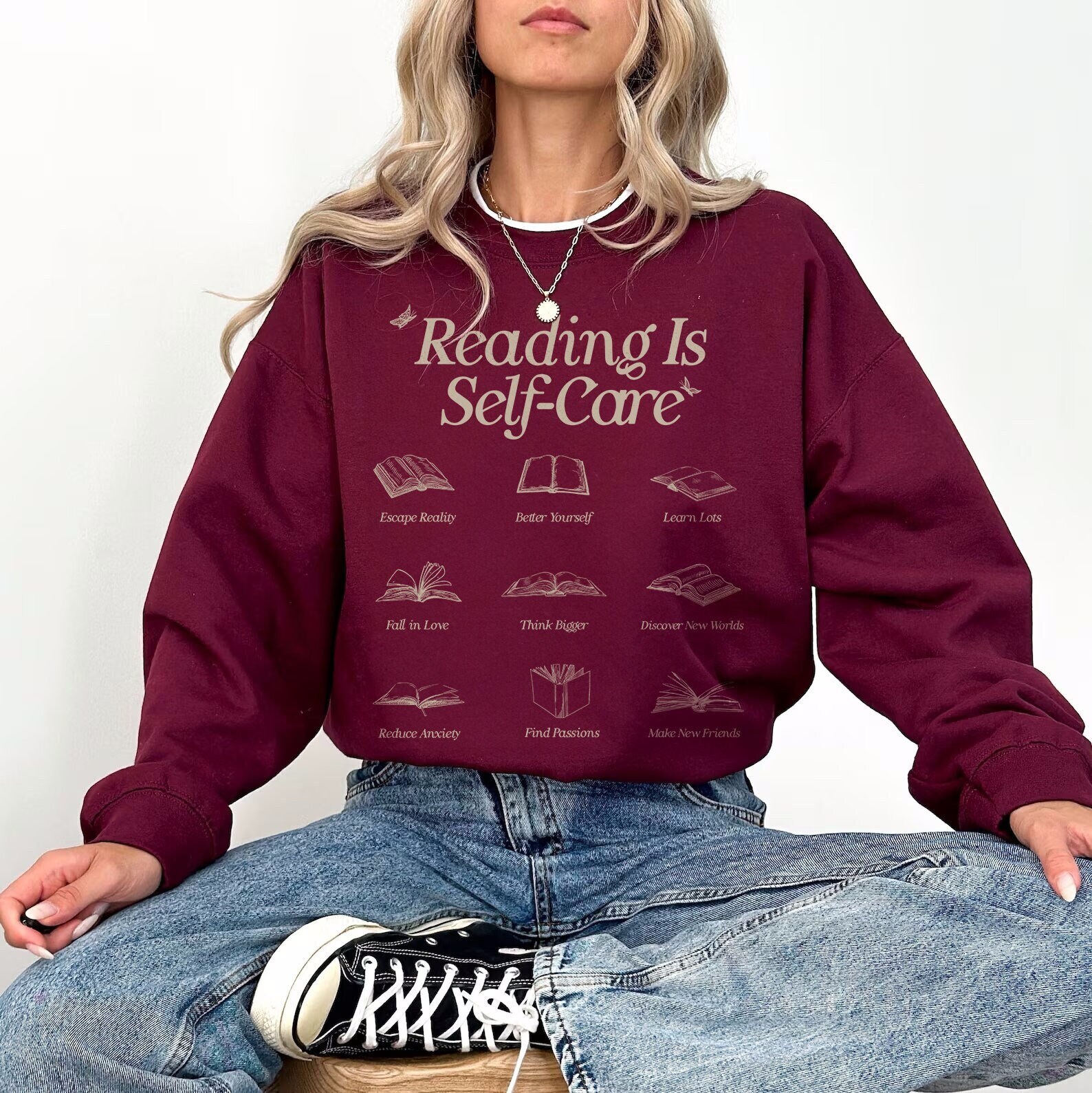 Retro Reading Is Self-Care Bookish Mental Health Lover Romance Addict Sweatshirt image 1