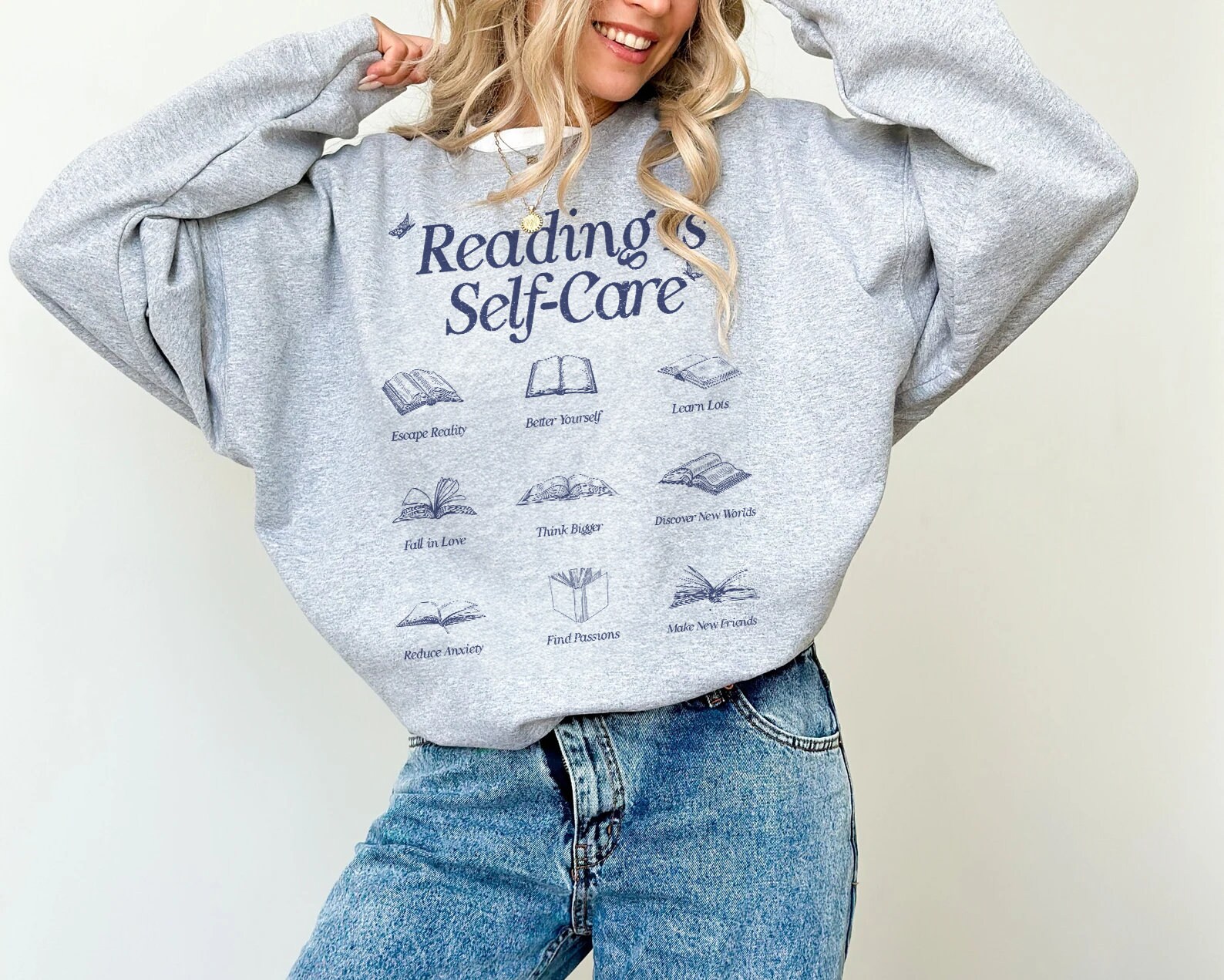 Retro Reading Is Self-Care Bookish Mental Health Lover Romance Addict Sweatshirt image 6