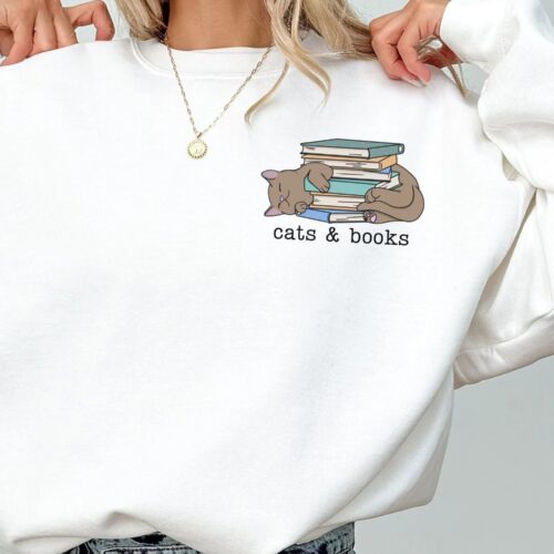 Cats And Books Lover Mom Reading Dad Women Teacher Librarian Sweatshirt image 0