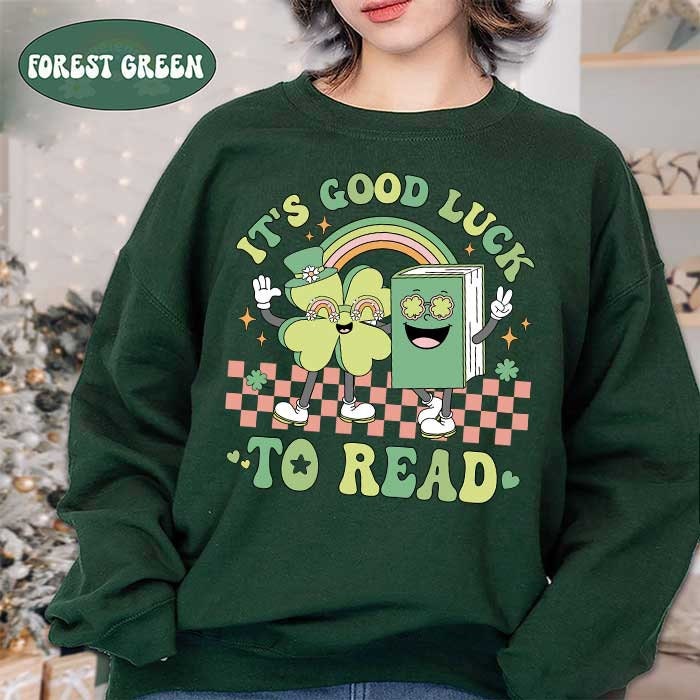 Teacher St Patrick Day Reading Lucky Book Lovers Librarian Clover Sweatshirt image 1