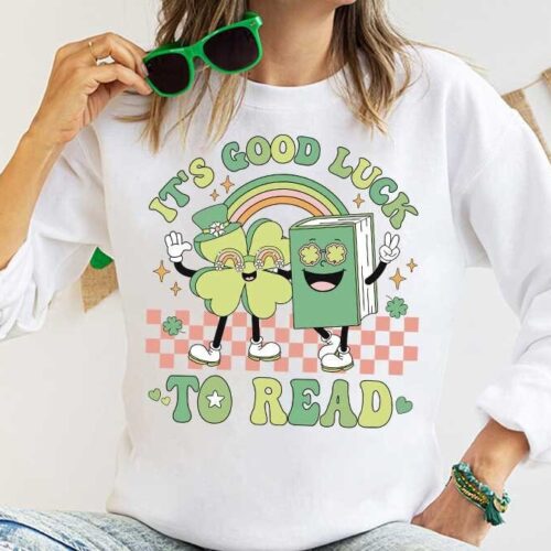 Teacher St Patrick Day Reading Lucky Book Lovers Librarian Clover Sweatshirt image 0