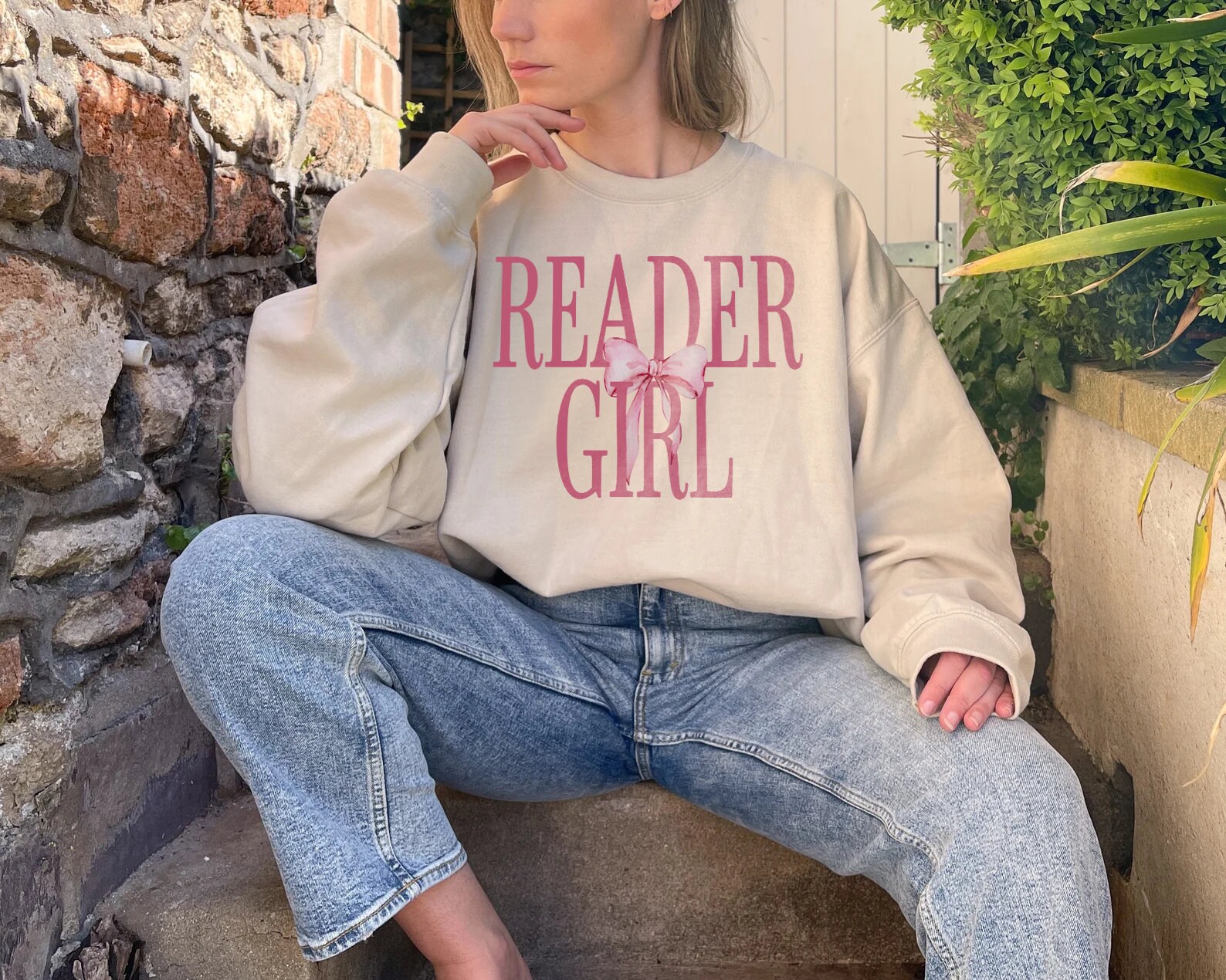 Reader Girl Romance Book Club Pink Bow Lover Bookish Dainty Bow Ribbon Sweatshirt image 3