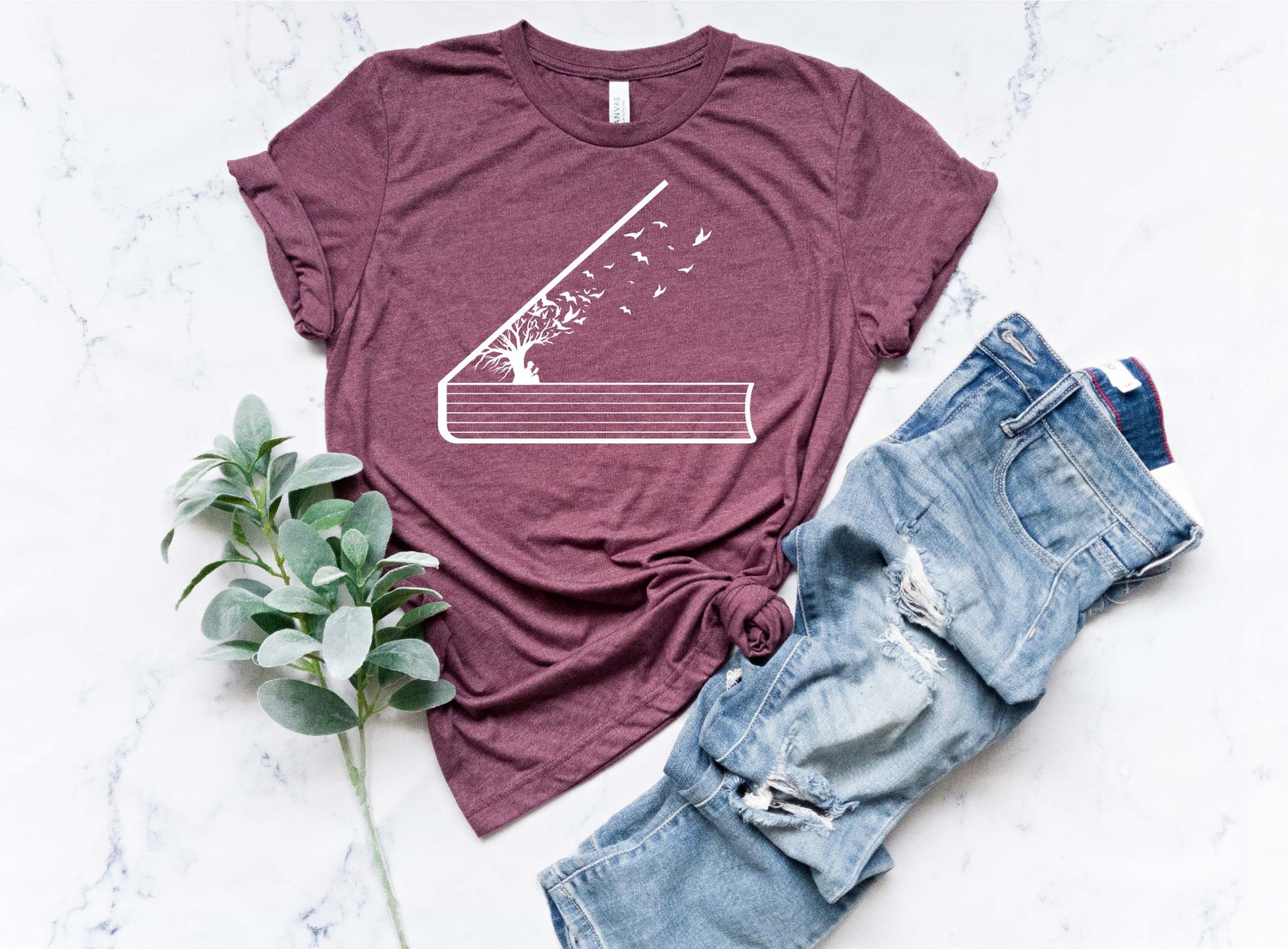 Book Lover Shirt Book Tree and Birds Graphic Tee Perfect Gift for Readers Bookworm Shirt image 2