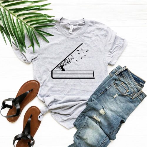 Book Lover Shirt Book Tree and Birds Graphic Tee Perfect Gift for Readers Bookworm Shirt image 0