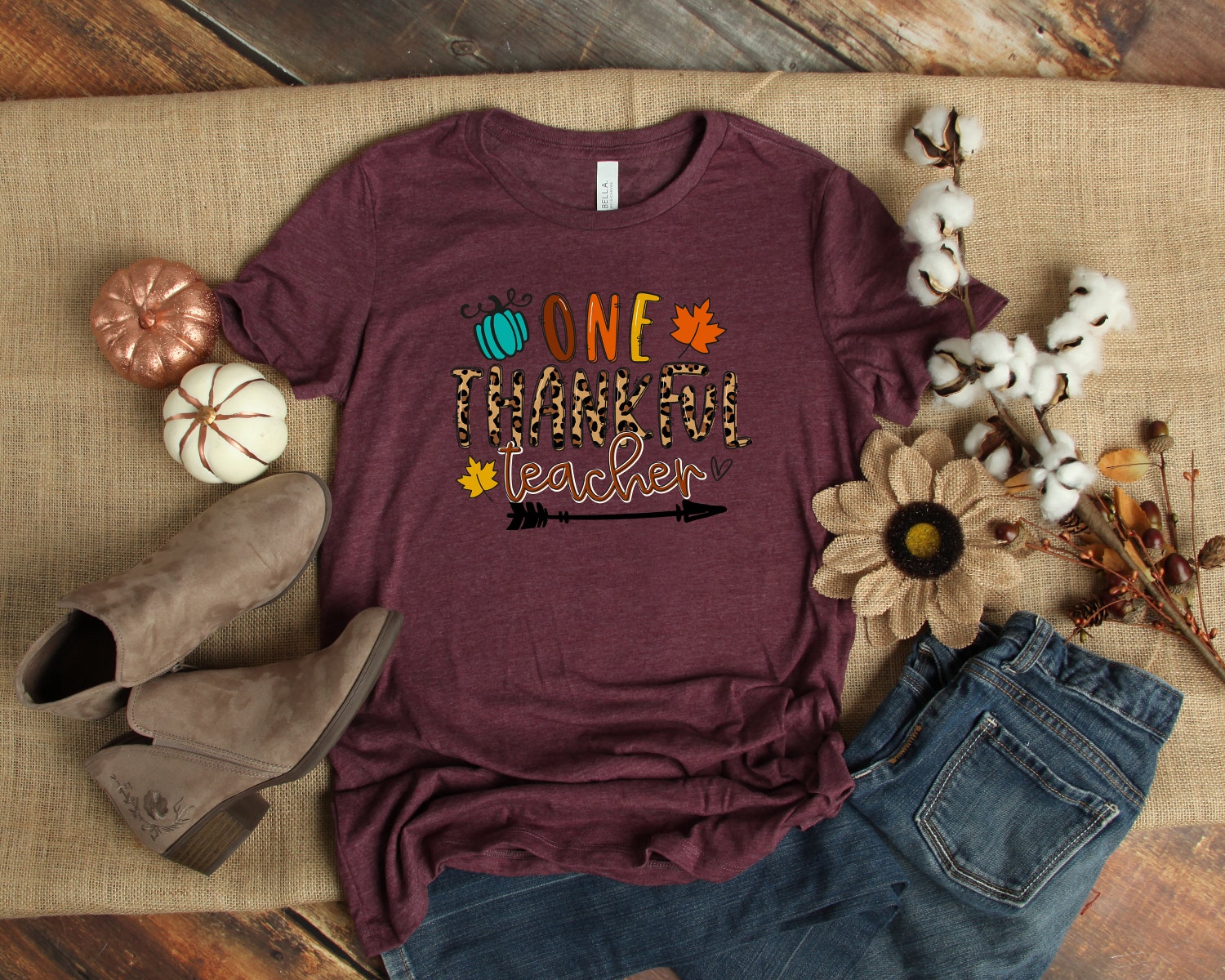 One Thankful Teacher Thanksgiving Fall Shirt Autumn Teacher Team Tee Fall Season Shirt image 2