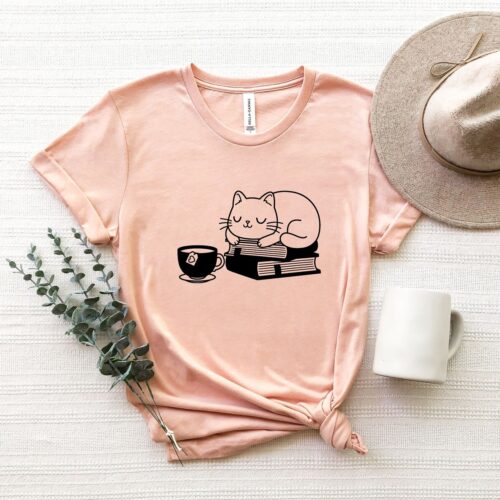 Cat and Coffee Reading Shirt Cute Cat Lover Gift Books and Cat Shirt Reading Enthusiast Tee image 0