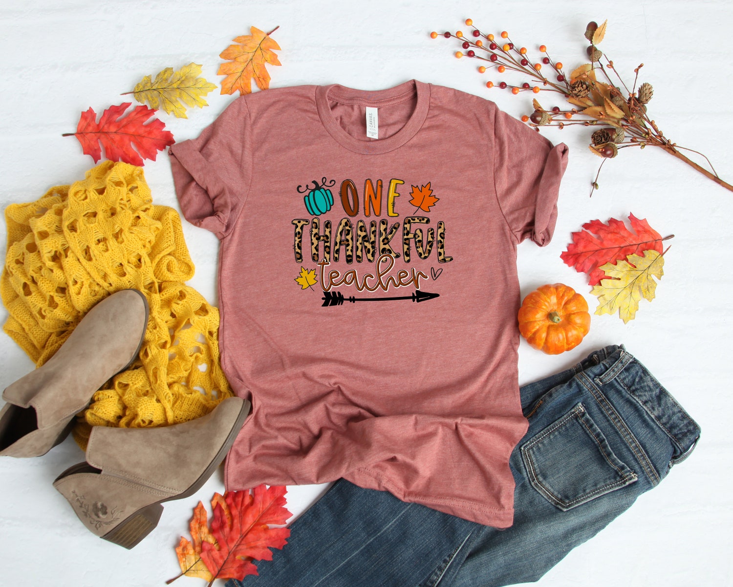 One Thankful Teacher Thanksgiving Fall Shirt Autumn Teacher Team Tee Fall Season Shirt image 1