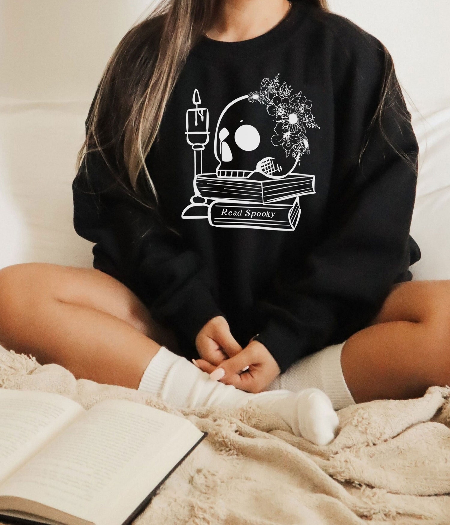 Halloween Bookworm Sweatshirt for Librarians and Readers Spooky Books Gift image 1