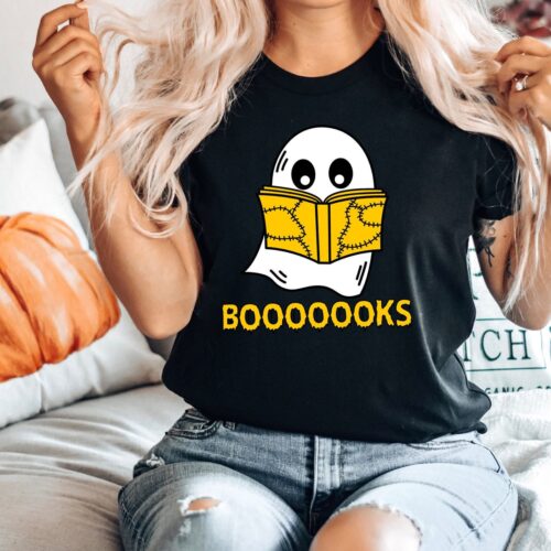 Halloween Teacher Shirt Ghost Books Design Librarian Bookworm Tee Halloween Reading Shirt image 0