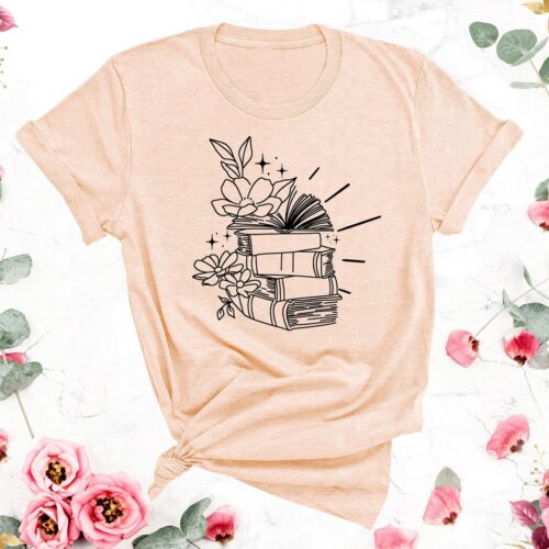 Floral Book Stack Shirt Cute Reading T-Shirt Book Lover Gift for Readers Teachers Librarians image 0