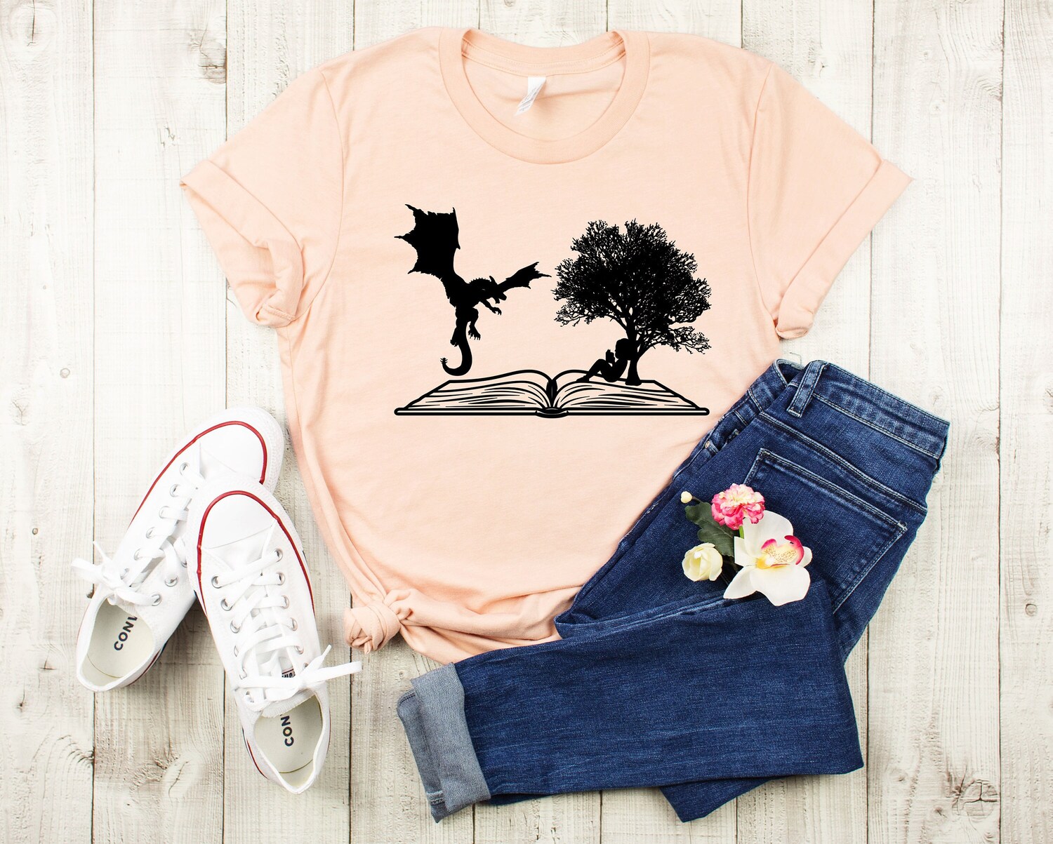 Girl and Dragon Reading Book Shirt Gift for Bookworms Bookseller Gift Tee for Book Lovers image 1