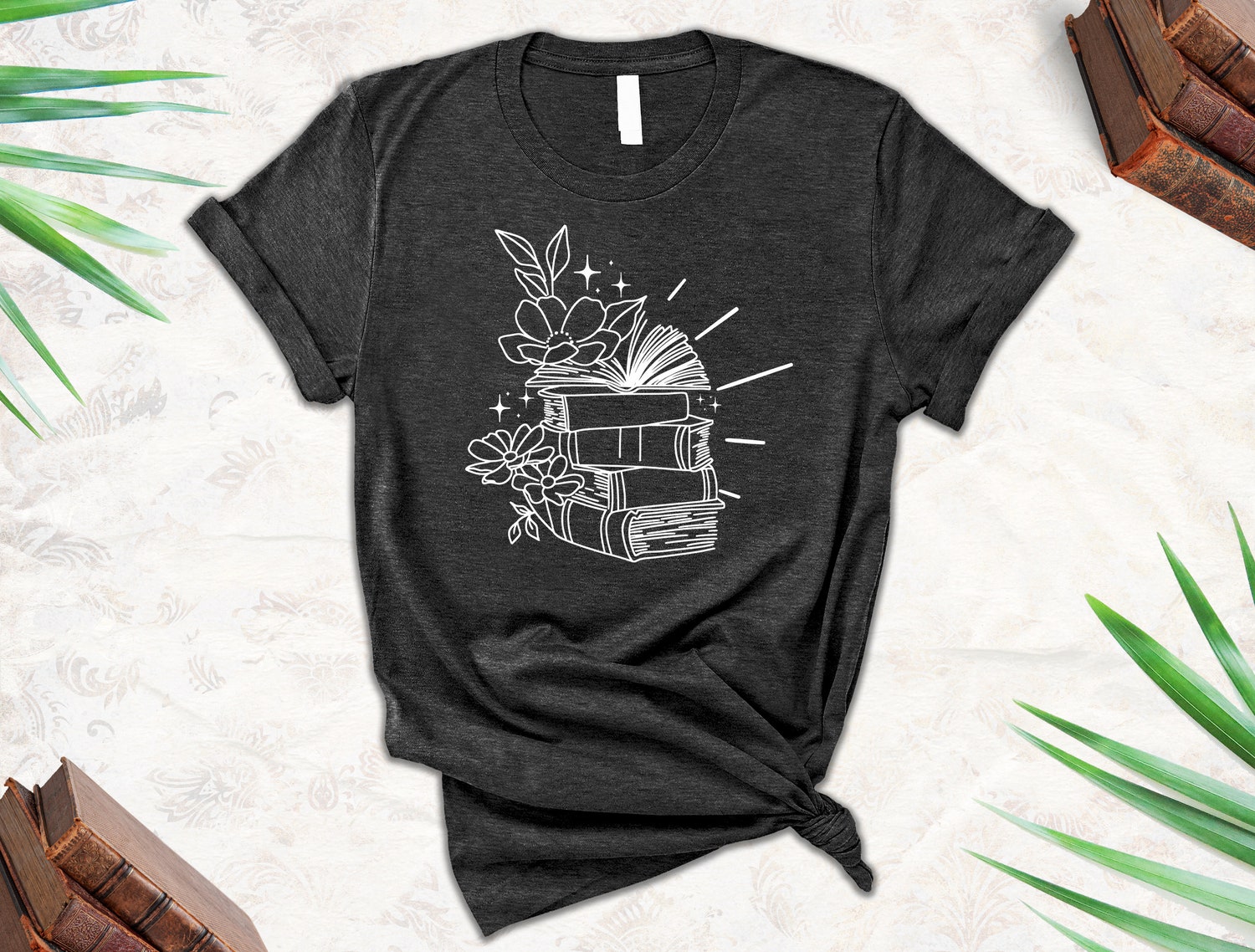 Floral Book Stack Shirt Cute Reading T-Shirt Book Lover Gift for Readers Teachers Librarians image 1