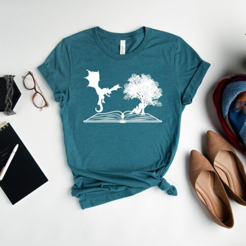 Girl and Dragon Reading Book Shirt Gift for Bookworms Bookseller Gift Tee for Book Lovers image 0