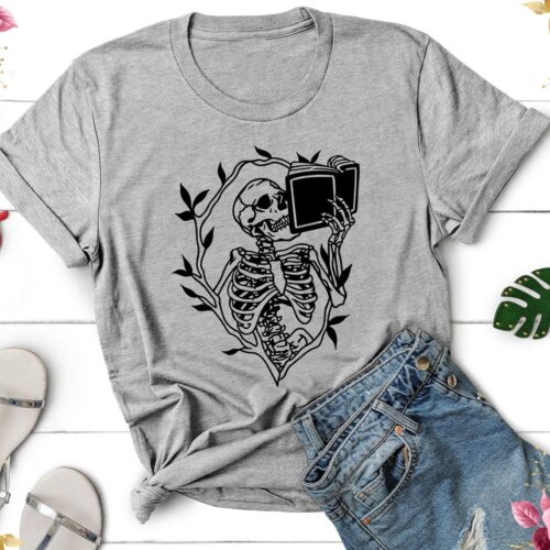 Skeleton Reading Book T-Shirt Librarian & Bookworm Gift Halloween Floral Book Lover Tee image 0