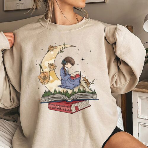 Vintage Girl Reading with Moon Shirt Personalized Book Lover Tee Retro Reading Books Shirt image 0