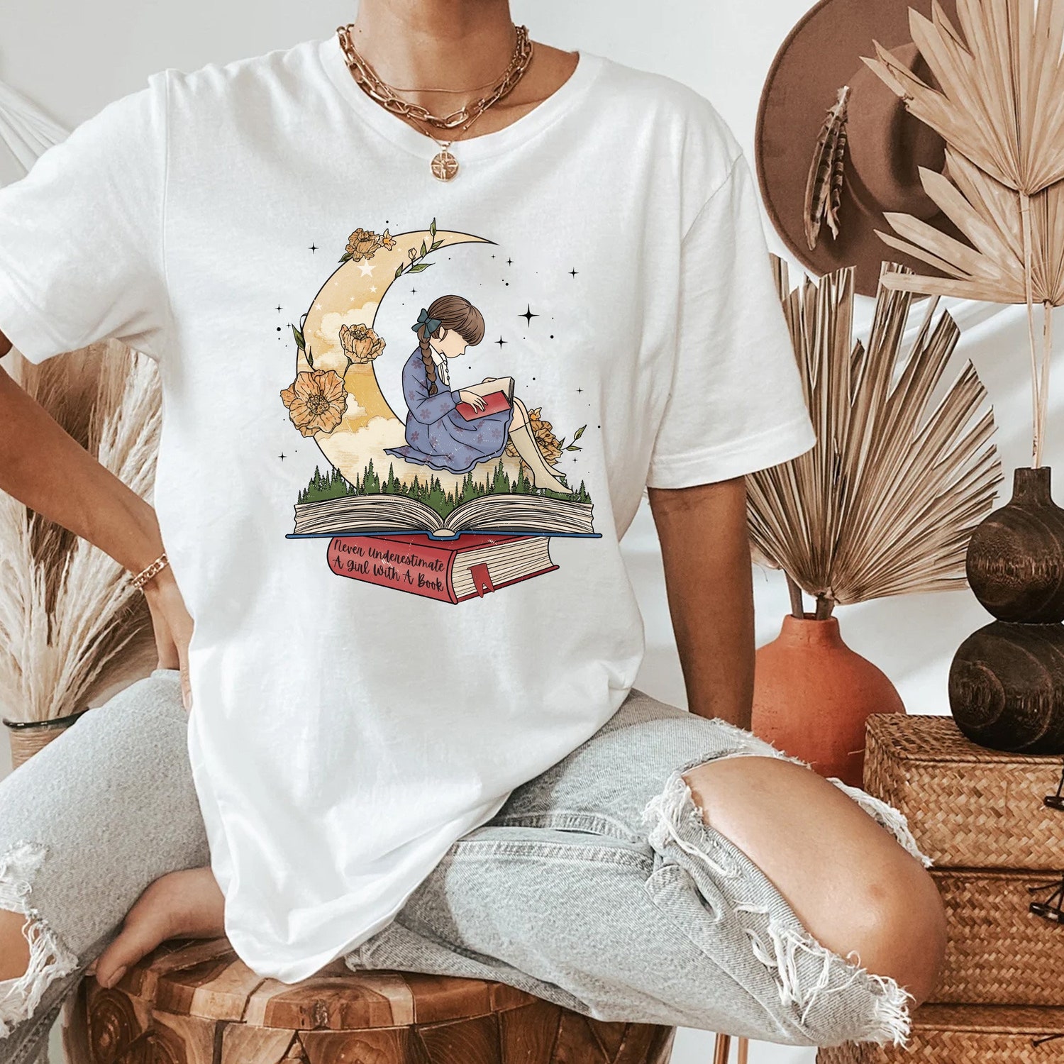 Vintage Girl Reading with Moon Shirt Personalized Book Lover Tee Retro Reading Books Shirt image 1