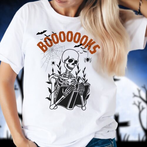 Halloween Skeleton Reading Book T-Shirt for Book Lovers Funny Ghostly Bookworm Tee image 0