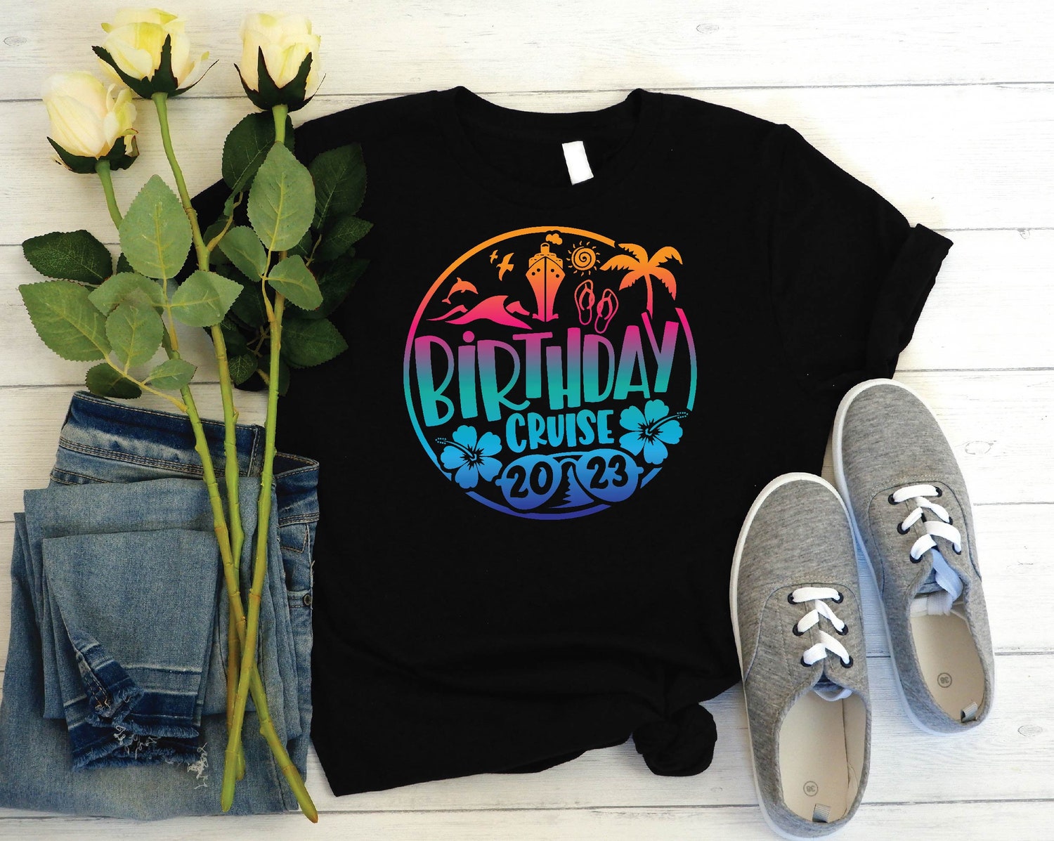 Birthday Cruise 2023 Shirt Trendy Vacation Tee Palm Trees Beach Lover Girls Trip Gift image 3