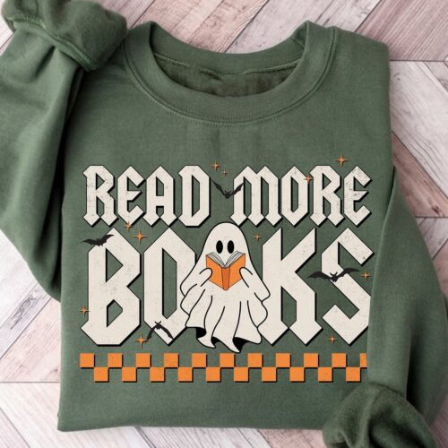 Halloween Retro Ghost Reading Books Shirt Teacher Book Lover Shirt Halloween T-Shirt image 0