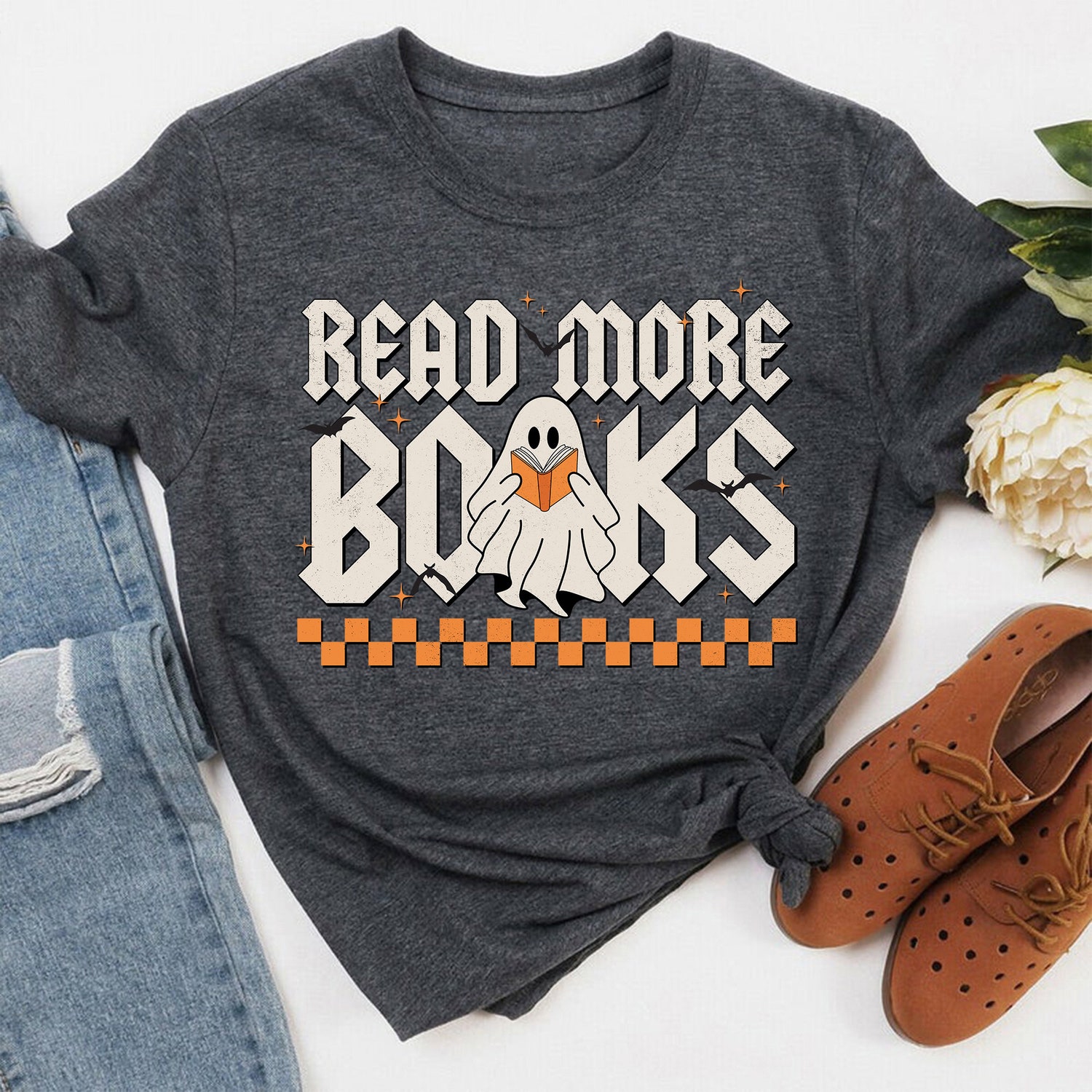 Halloween Retro Ghost Reading Books Shirt Teacher Book Lover Shirt Halloween T-Shirt image 2