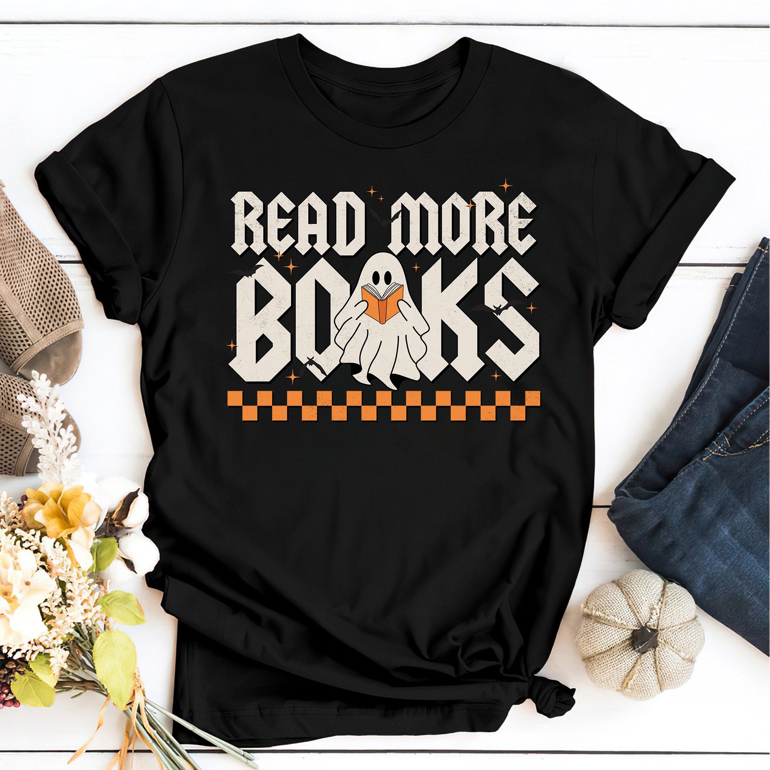 Halloween Retro Ghost Reading Books Shirt Teacher Book Lover Shirt Halloween T-Shirt image 3