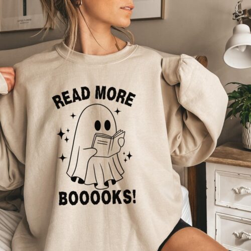 Halloween Sweatshirt Ghost Read More Books Teacher Shirt Librarian Gift Spooky Season Trendy Book Lover Tee image 0