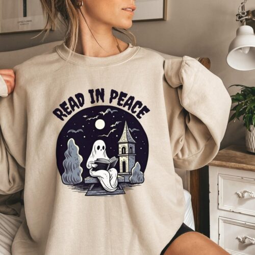 Retro Ghost Reading Book Halloween Sweatshirt Teacher Librarian Spooky Season Gift image 0