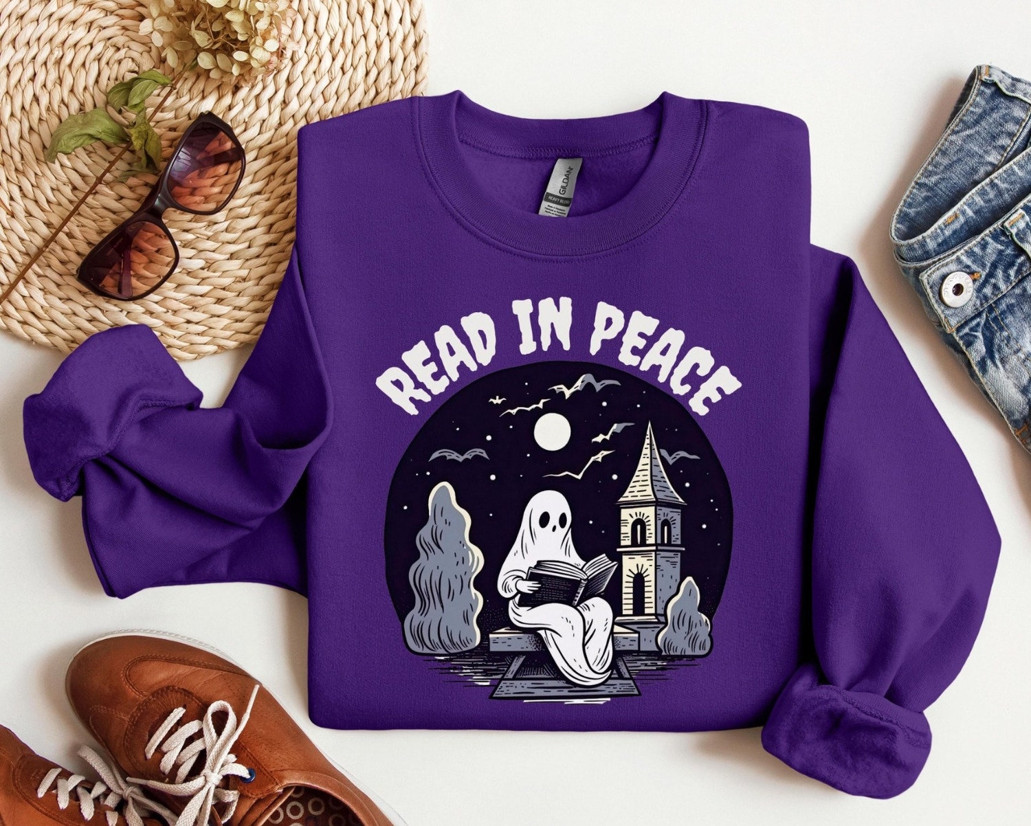 Retro Ghost Reading Book Halloween Sweatshirt Teacher Librarian Spooky Season Gift image 2