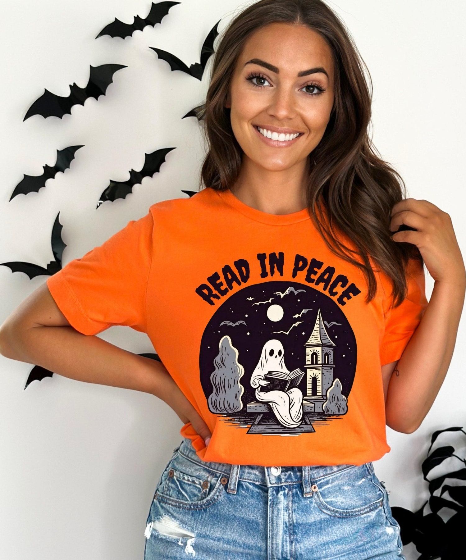 Retro Ghost Reading Book Halloween Sweatshirt Teacher Librarian Spooky Season Gift image 5