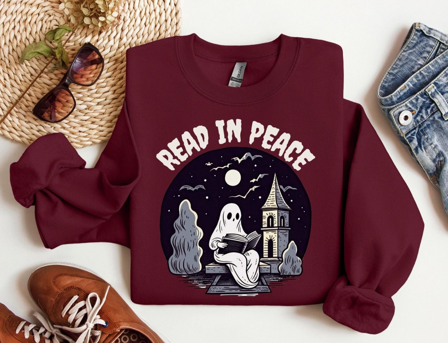 Halloween Sweatshirt Retro Ghost Reading Book Teacher Librarian Spooky Season Gift image 5