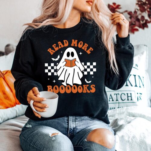 Halloween Teacher Sweatshirt Spooky Ghost Hoodie Read More Books Teacher Team Apparel image 0