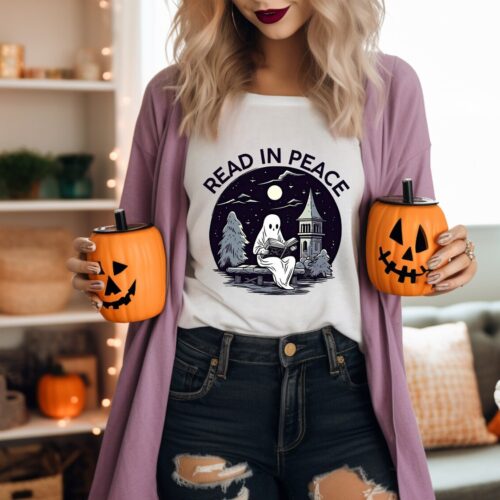 Read In Peace Halloween Librarian Shirt Spooky Booklover Halloween Gift Tee image 0