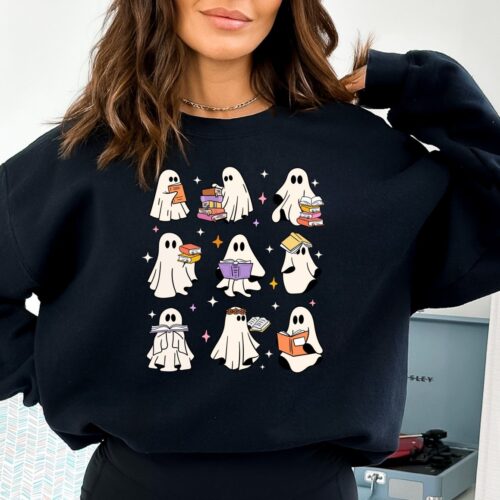 Ghost Reading Books Sweatshirt Bookish Halloween Librarian Sweater Funny Ghost Crewneck image 0