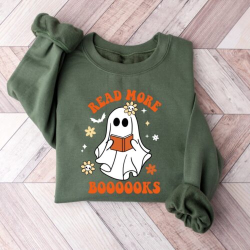 Ghost Reading Books Sweatshirt Bookish Halloween Sweater Funny Librarian Shirt Ghost Crewneck image 0