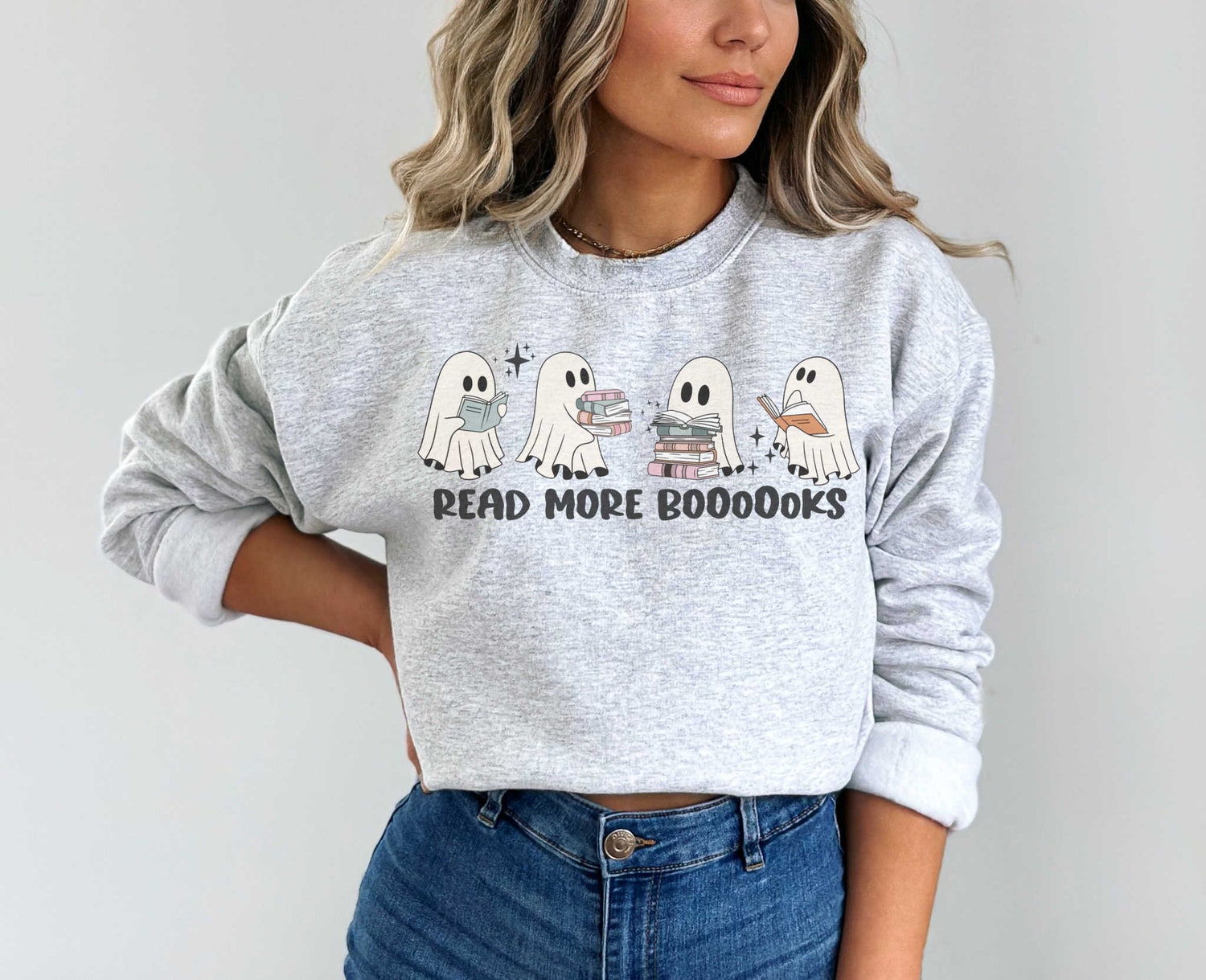 Ghost Reading Books Halloween Sweatshirt Funny Librarian Crewneck Bookish Sweater image 2