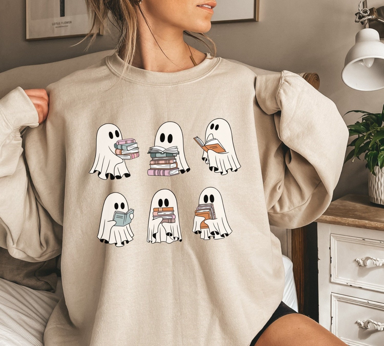 Halloween Sweatshirt Retro Ghosts Reading Books Teacher Librarian Spooky Season Trendy Shirt image 3