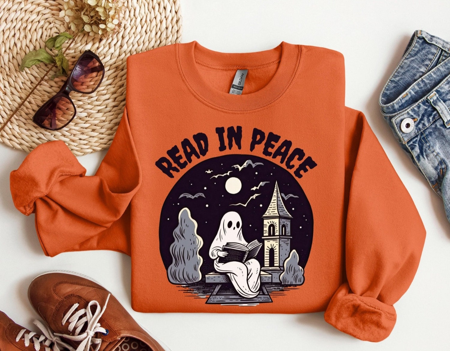 Retro Ghost Reading Book Halloween Sweatshirt Teacher Librarian Spooky Season Gift image 1