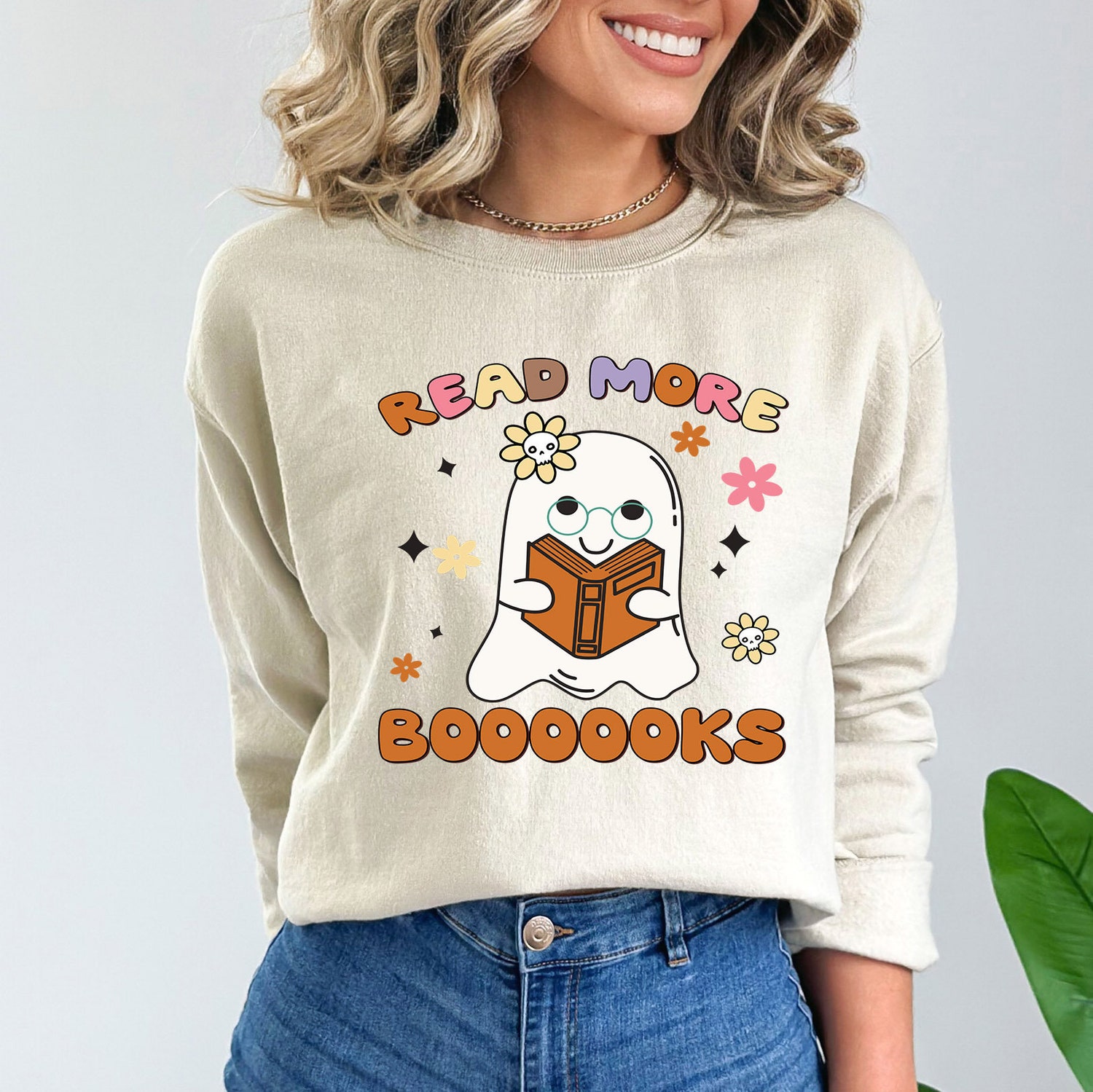 Halloween Ghosts Reading Books Sweatshirt Teacher Book Lovers Bookworm Gift Shirt image 1