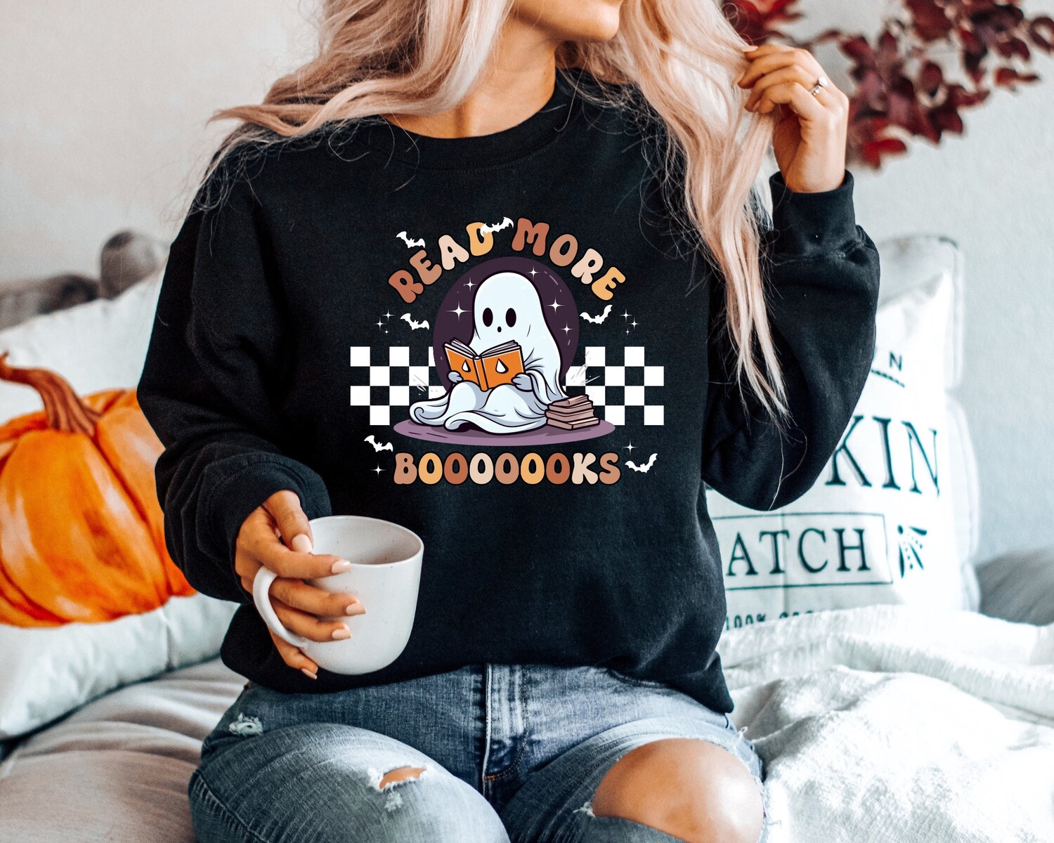 Cozy Read More Books Sweatshirt Book Lover Halloween Ghost Sweater Librarian Student Pullover image 1