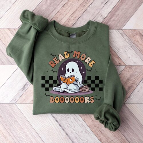 Cozy Read More Books Sweatshirt Book Lover Halloween Ghost Sweater Librarian Student Pullover image 0