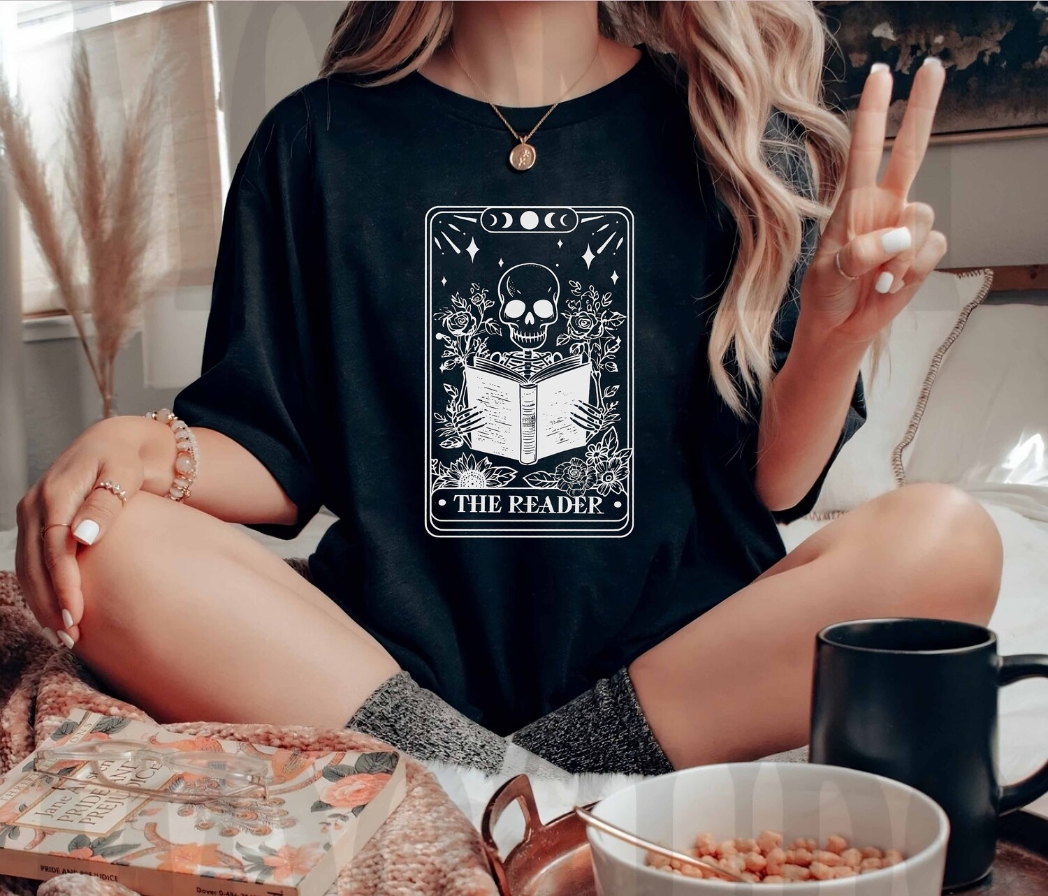 Book Tarot Card Shirt Skeleton Reading Tee Book Lover Gift Bookworm Club Shirt Reader Gift image 2