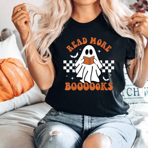 Halloween Teacher Shirt Spooky Ghost Design Read More Books Vintage Teacher Party Shirt image 0