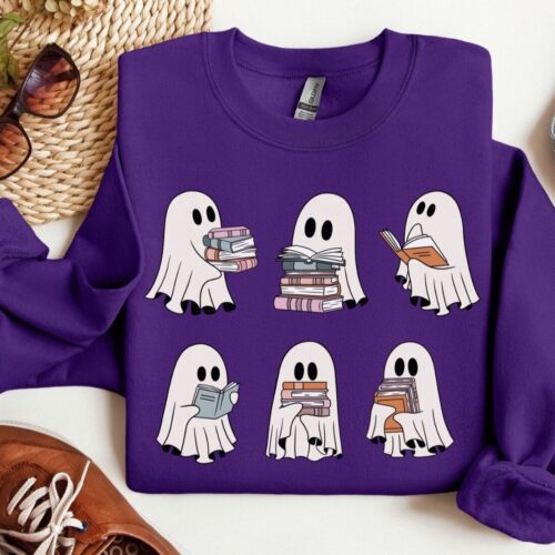 Retro Halloween Sweatshirt Ghosts Reading Books Teacher Librarian Spooky Season Trendy Shirt image 0