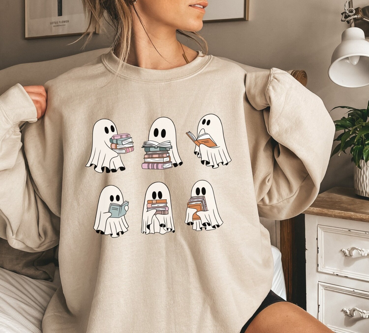 Retro Halloween Sweatshirt Ghosts Reading Books Teacher Librarian Spooky Season Trendy Shirt image 2