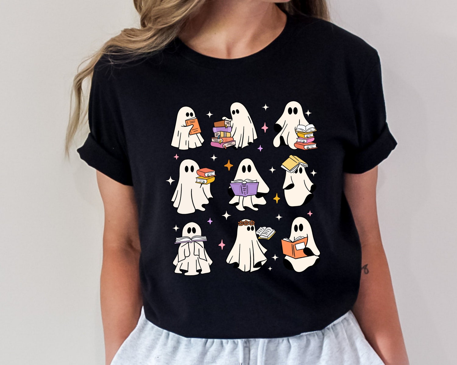 Teacher Ghost Reading Books Halloween Librarian Librarian Boo School Shirt image 1