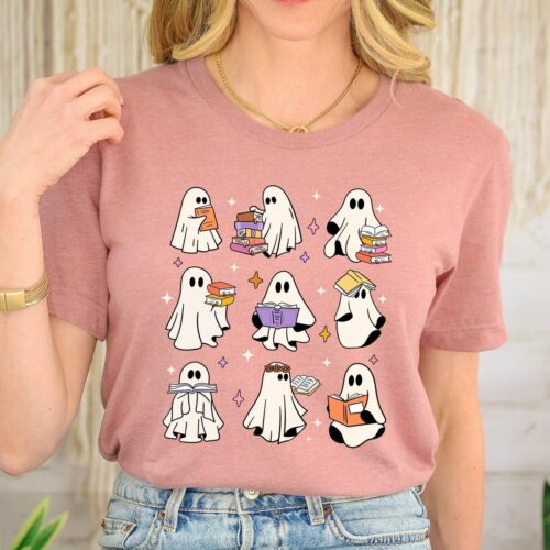 Teacher Ghost Reading Books Halloween Librarian Librarian Boo School Shirt image 0